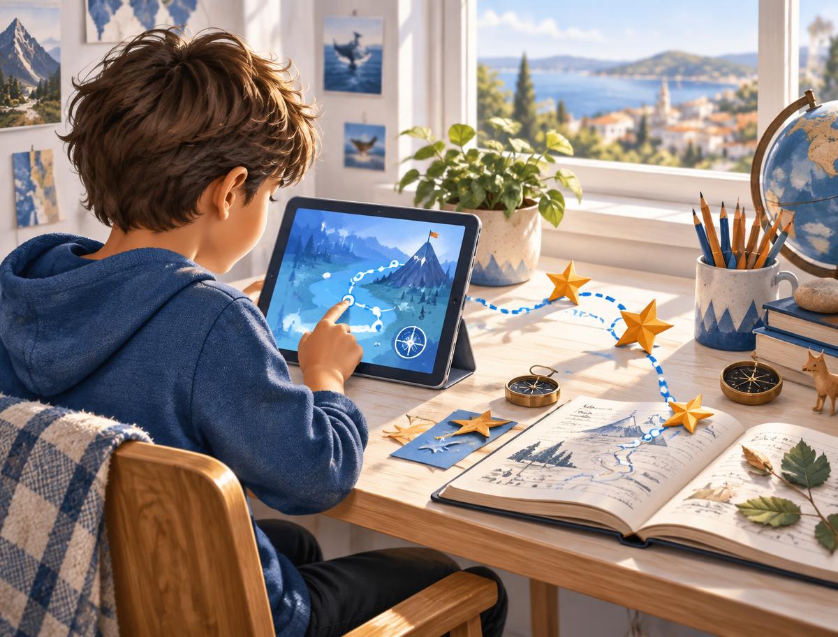 Child following a digital quest that continues into creative activities beyond the screen