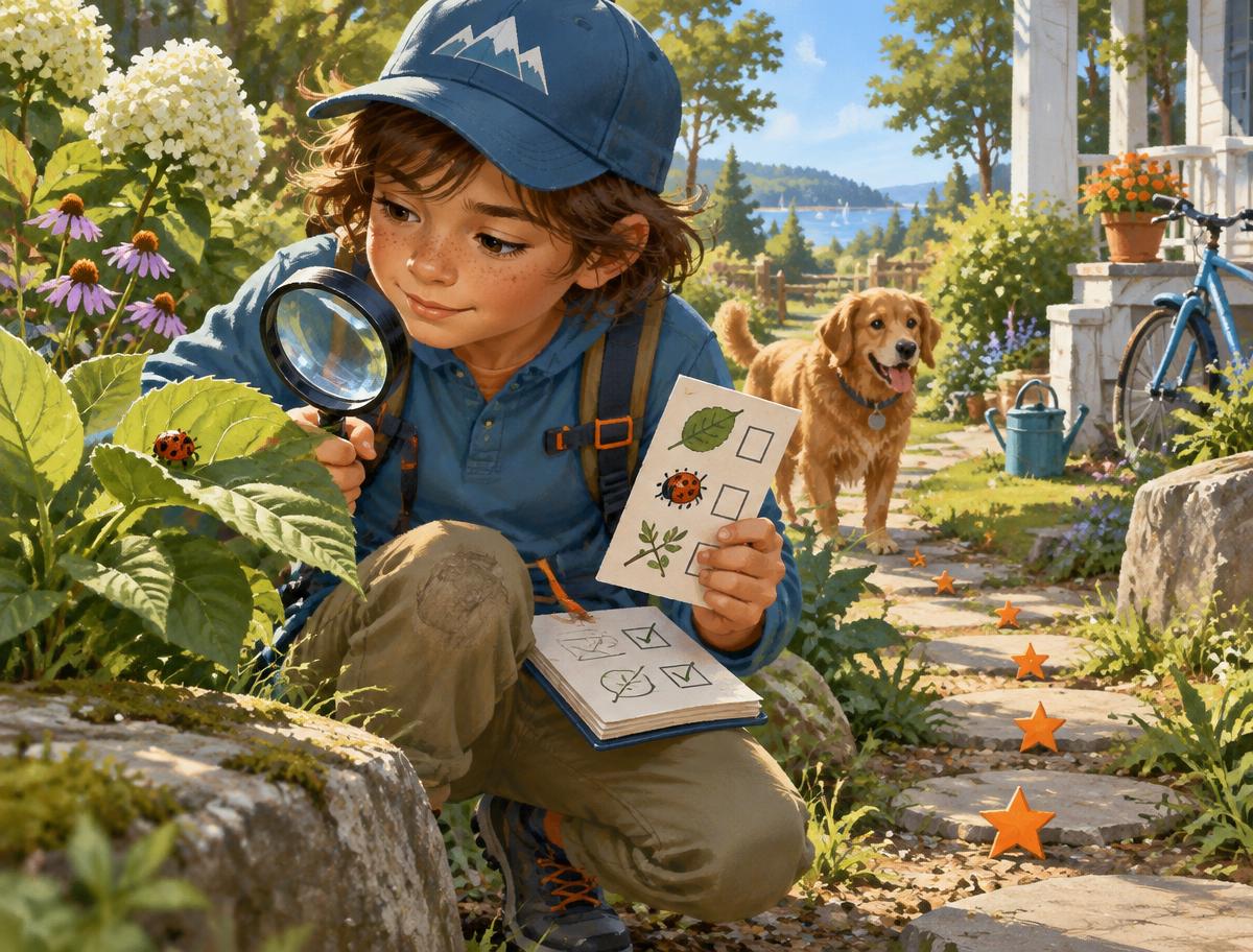 Child exploring a garden with a magnifying glass and illustrated mission card
