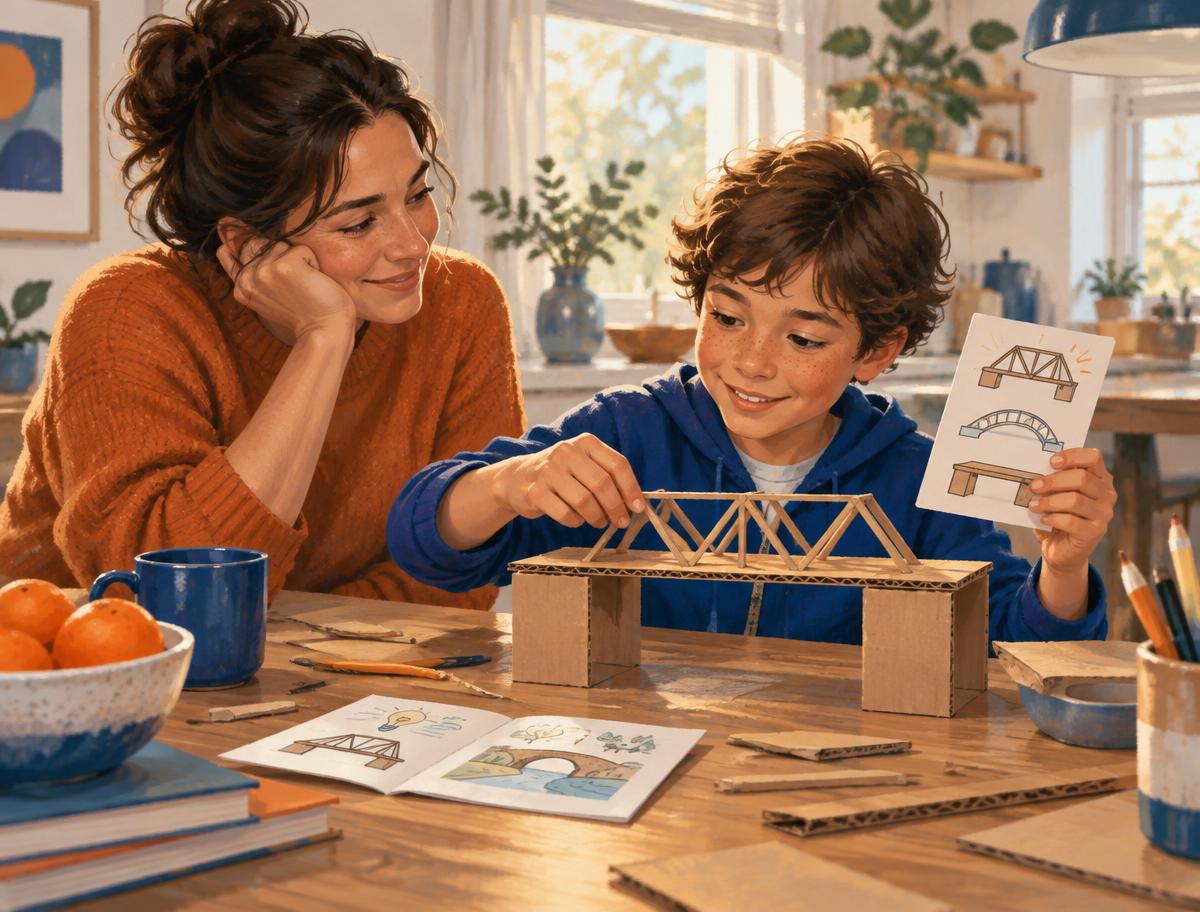 Parent encouraging a child who is independently building a cardboard bridge