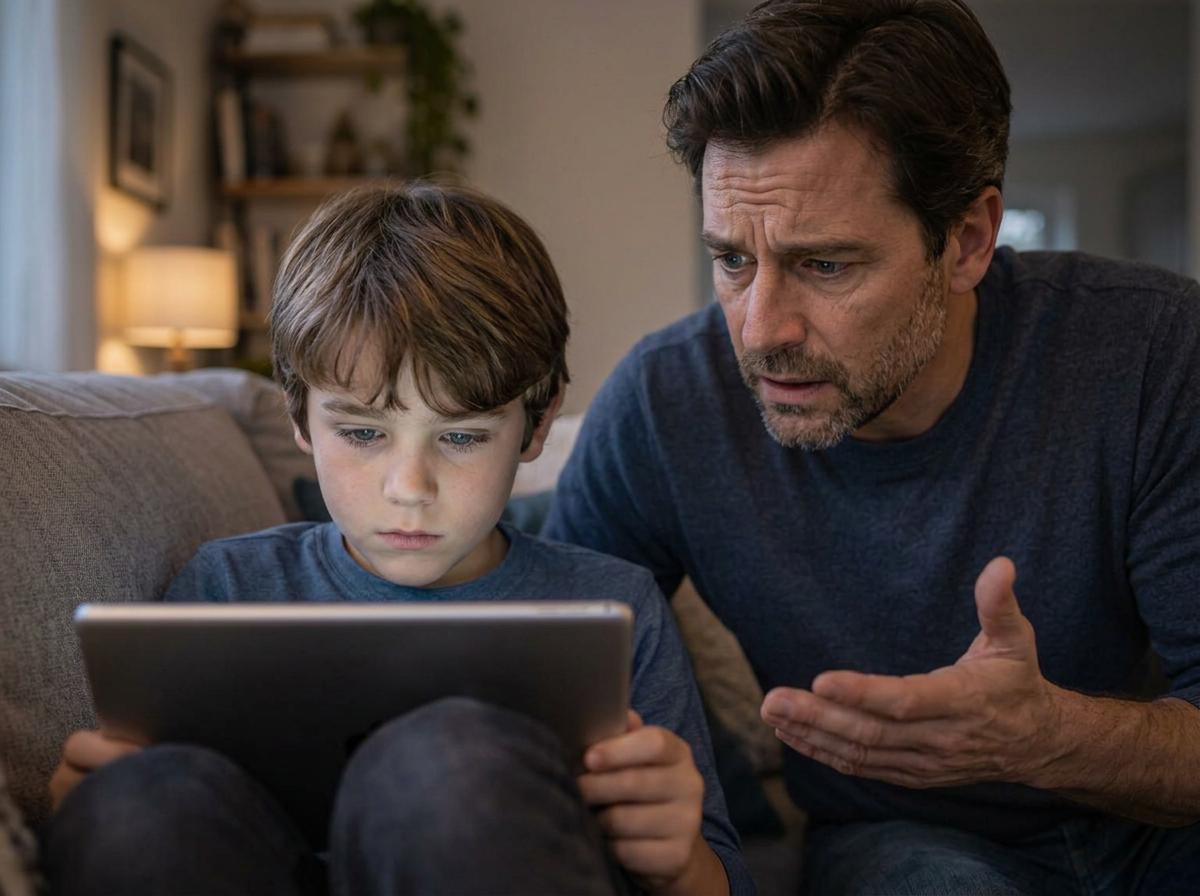 A concerned father trying to reconnect with his son while the child focuses on a tablet