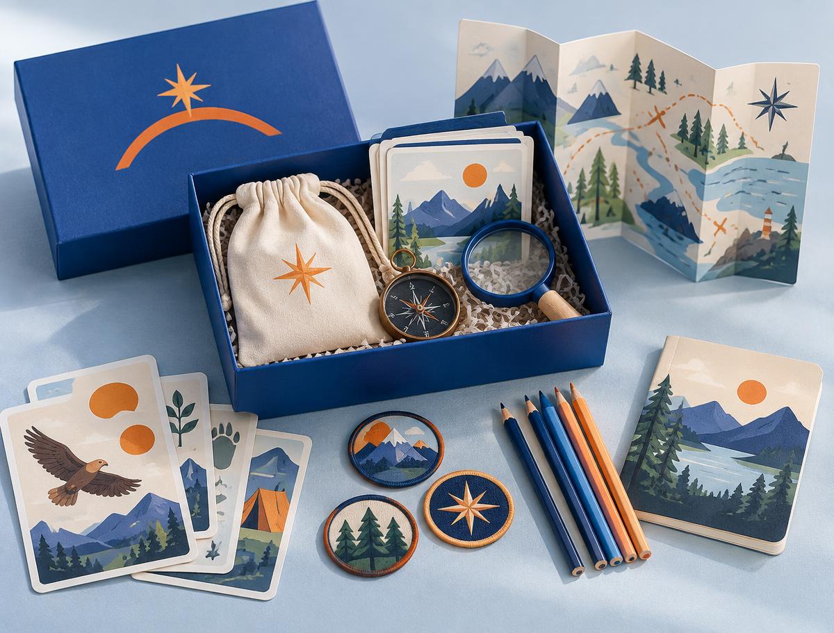 Explorer Mission Kit with map, activity cards, compass, magnifying glass and achievement patches