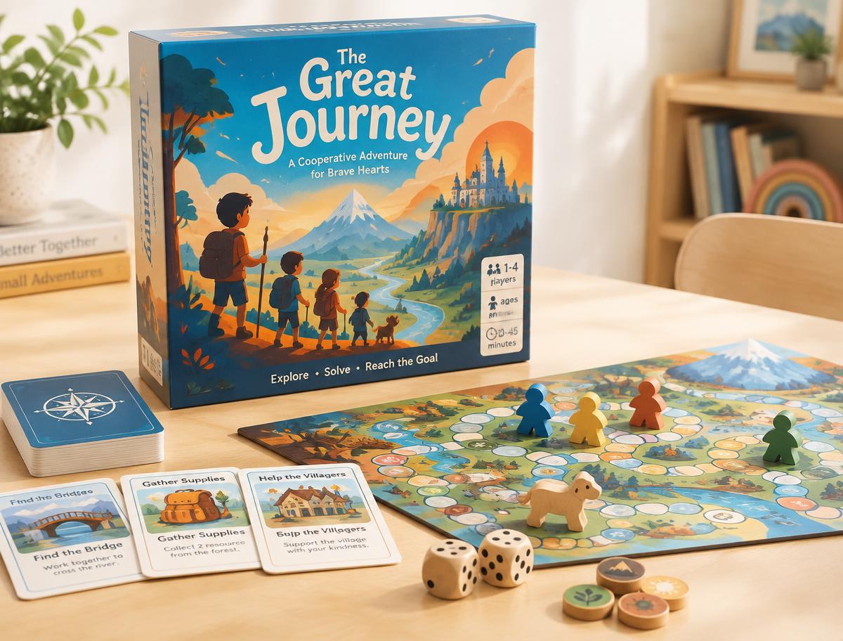 Cooperative family adventure board game with illustrated box, board, cards and wooden pieces
