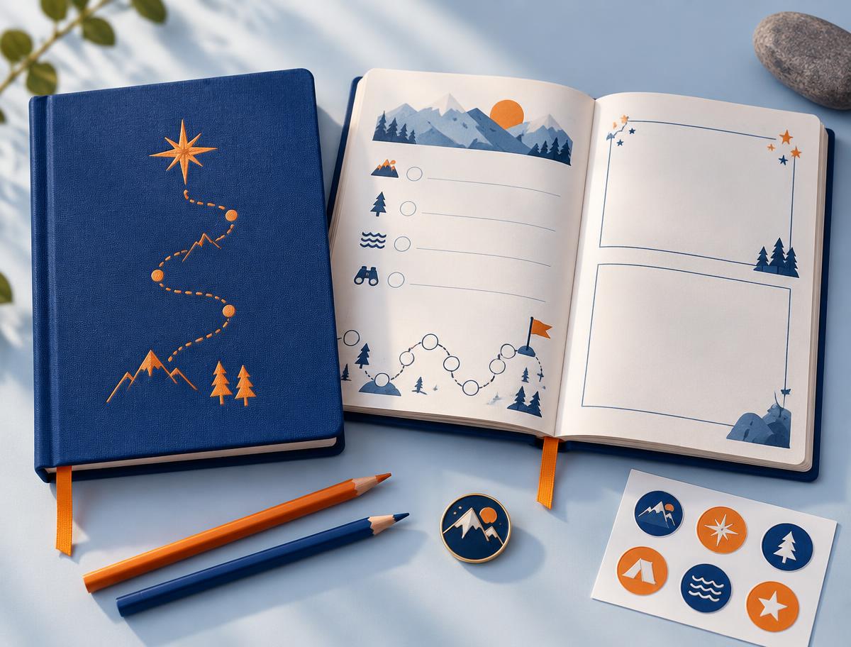 Blue Quest Journal with illustrated activity pages, pencils, stickers and an achievement pin