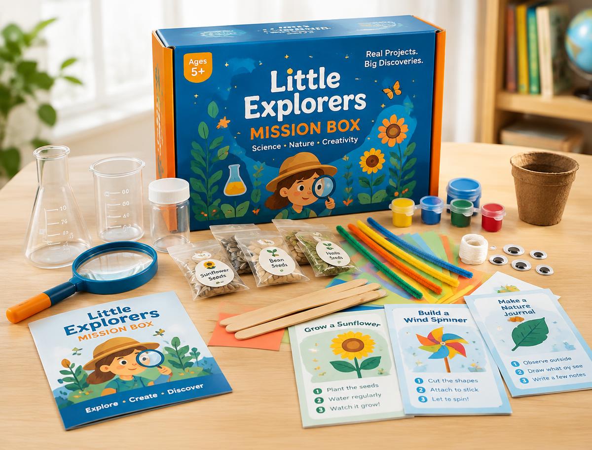 Children's mission box with beakers, magnifier, seeds, craft materials and illustrated project cards