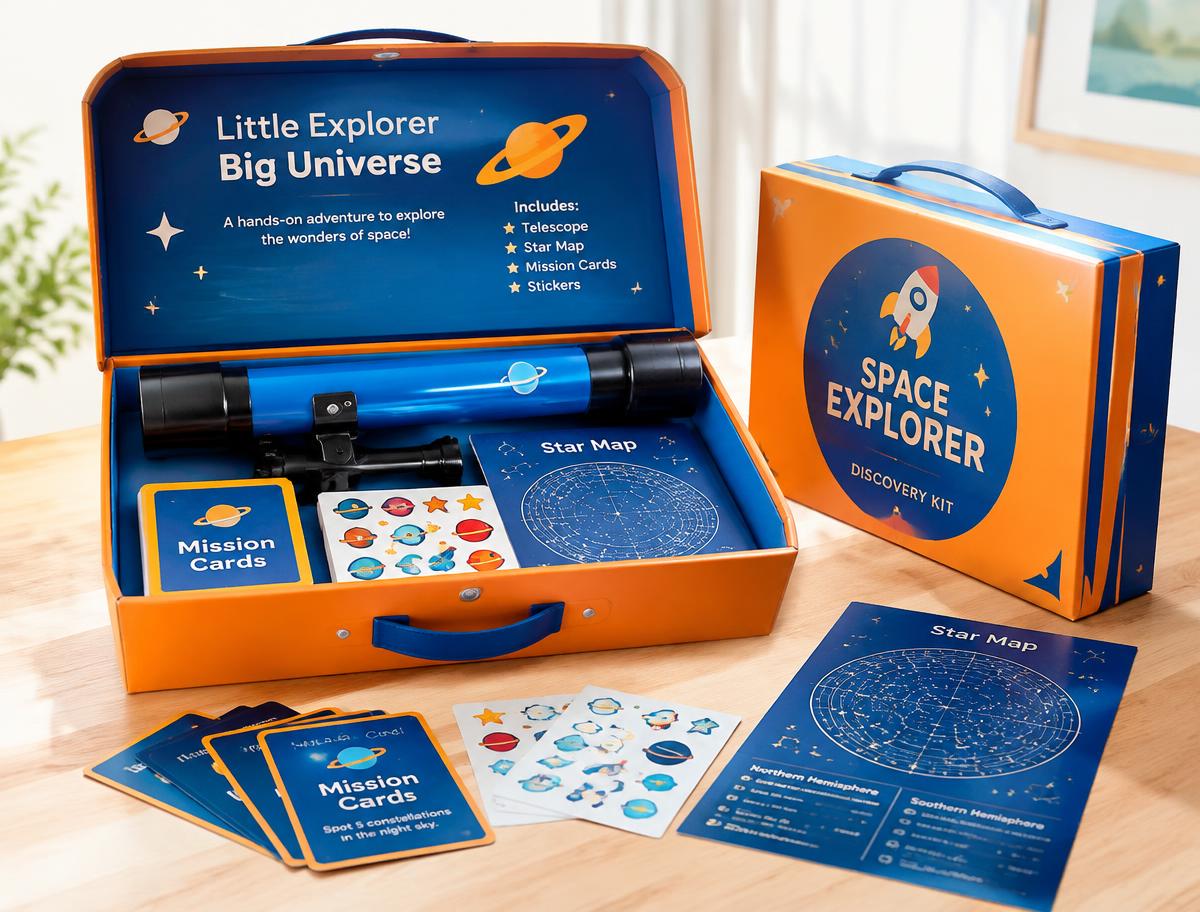 Space explorer discovery kit with telescope, star map, mission cards and stickers