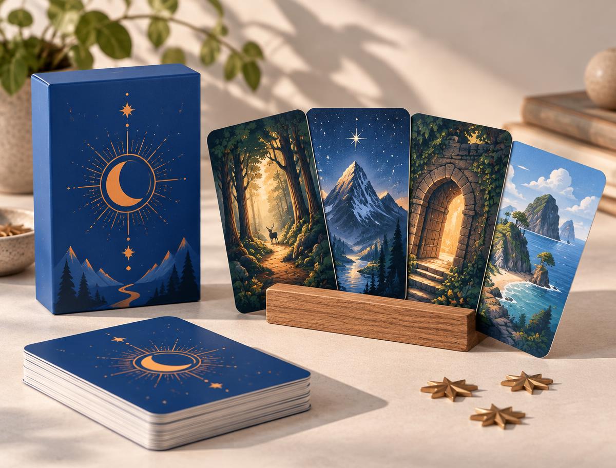 Story Adventure Cards with illustrated forest, mountain, doorway and island scenes