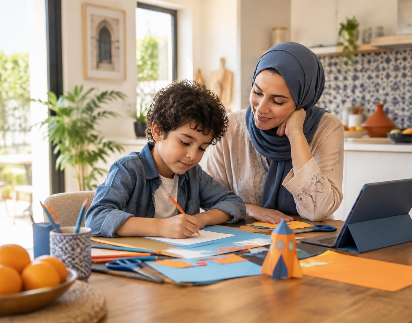 A mother encouraging her child as he completes a creative real-world activity at home